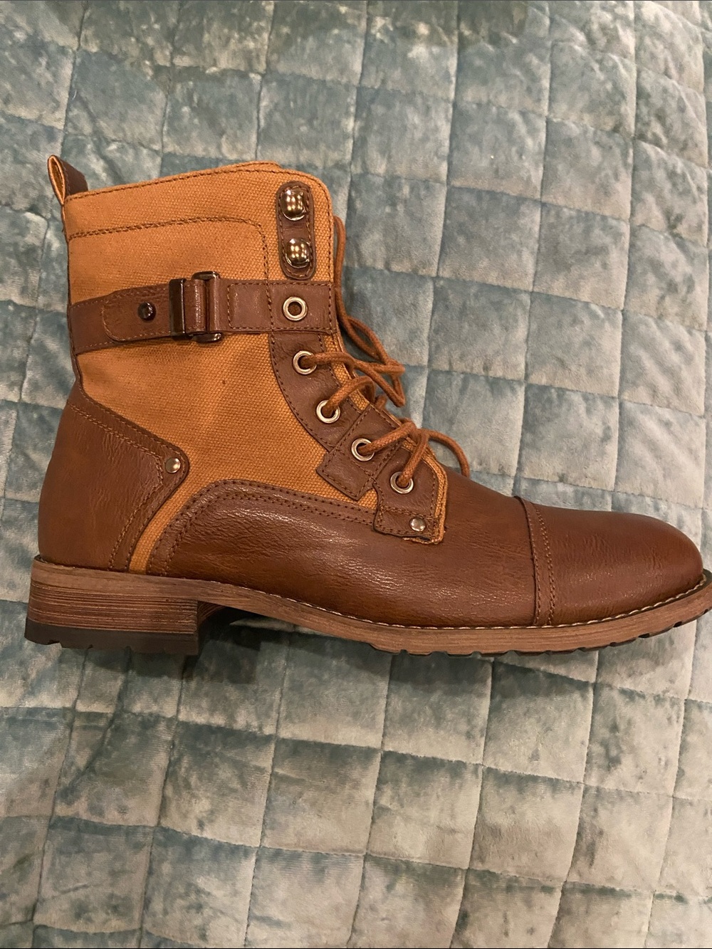 Men's Brown Leather & Tan Canvas Lace-Up Buckle Boot